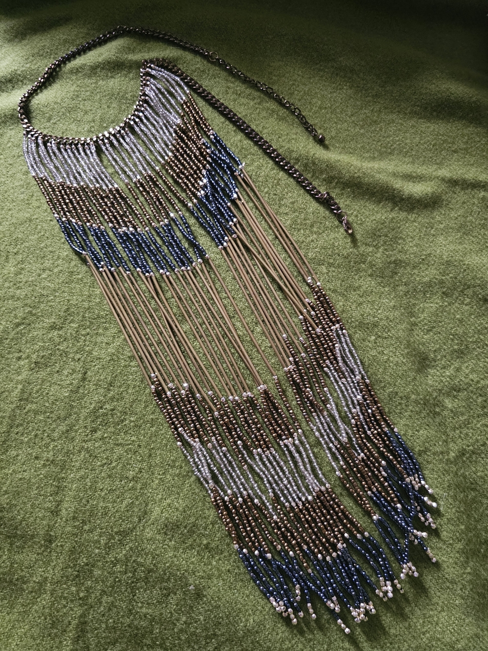 Bohemian Beaded Fringe Necklace - Blue, Gold & Silver
